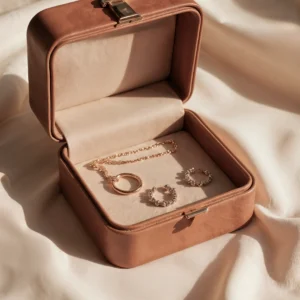 Set de joyas doradas con collar y pendientes presentado en estuche elegante de NUA Collections