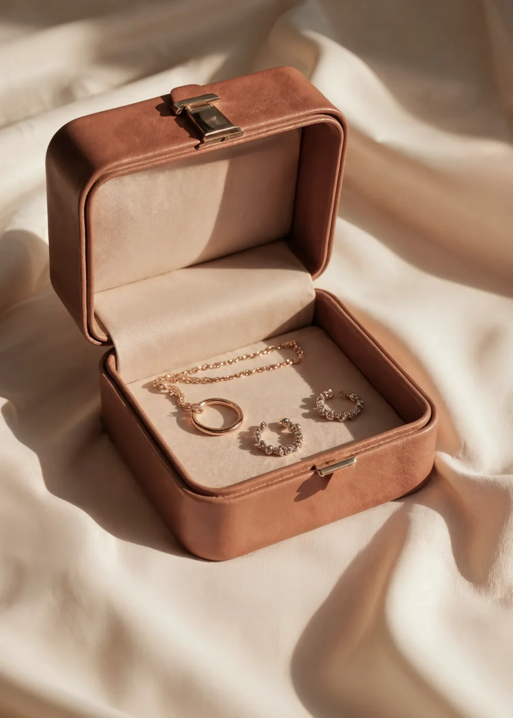 Set de joyas doradas con collar y pendientes presentado en estuche elegante de NUA Collections